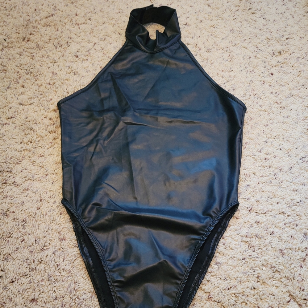 Black faux leather body suit